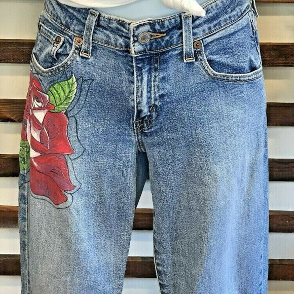 Levi 518  Hand Painted Roses Jeans Superflow Stretch 5 Juniors Wearable Art OOAK - Picture 6 of 12